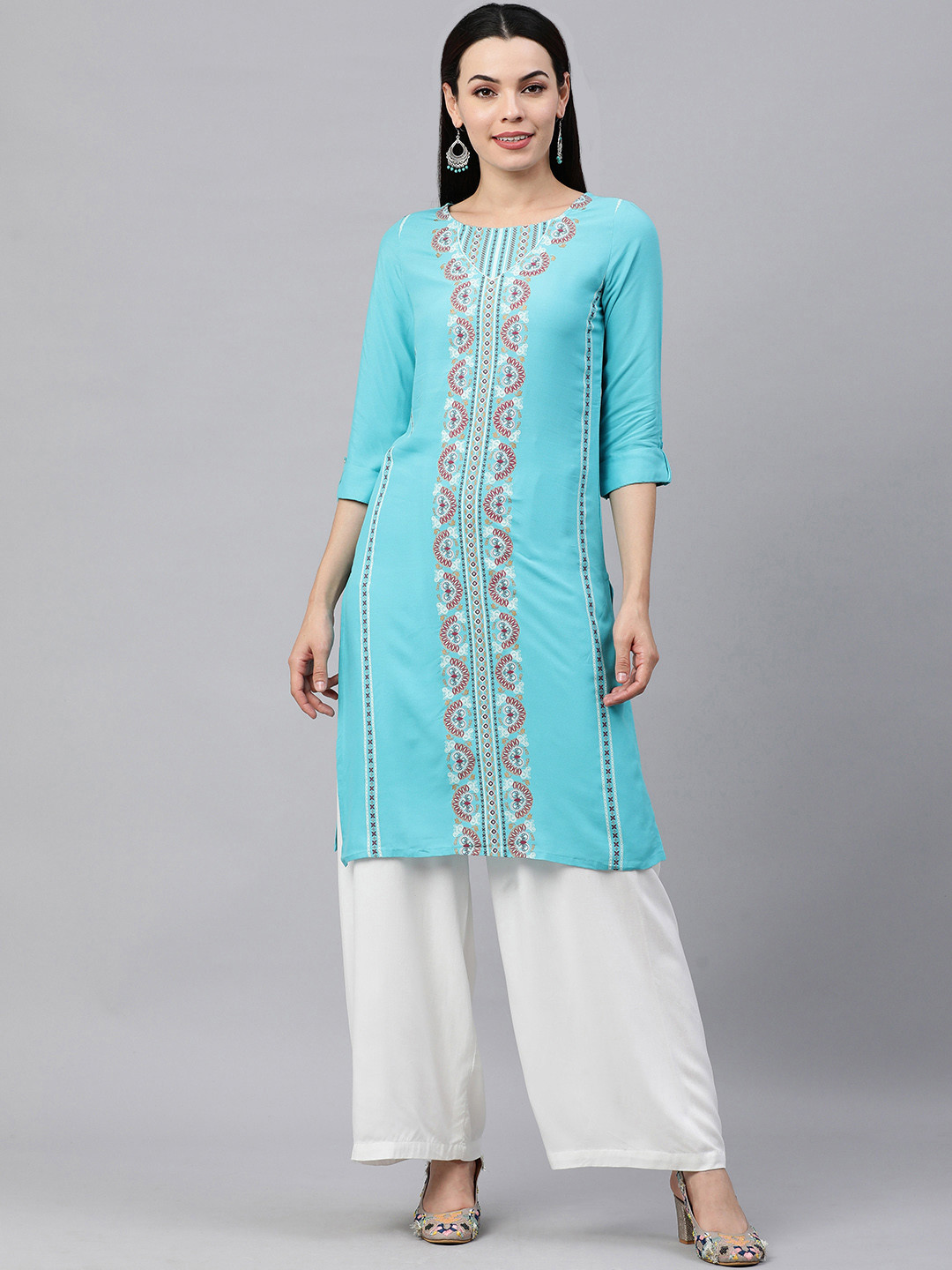 

KALINI Women Blue Ethnic Motifs Printed Roll-Up Sleeves Kurta