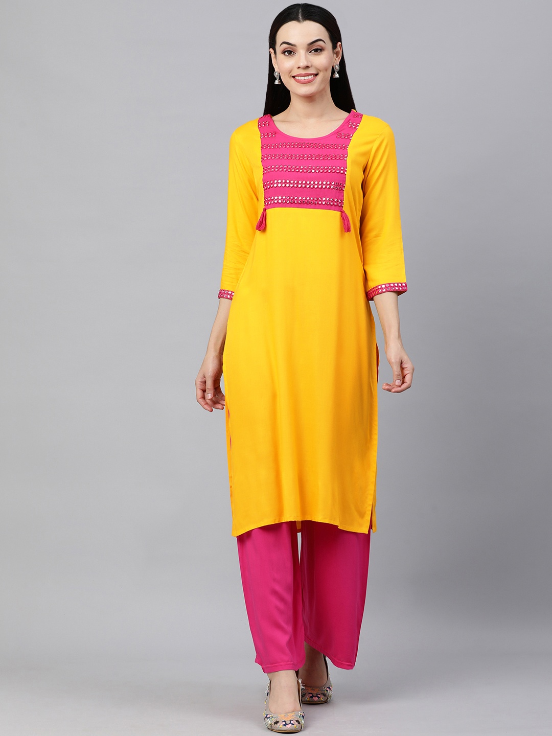 

KALINI Women Yellow & Pink Ethnic Motifs Embroidered Yoke Design Kurta