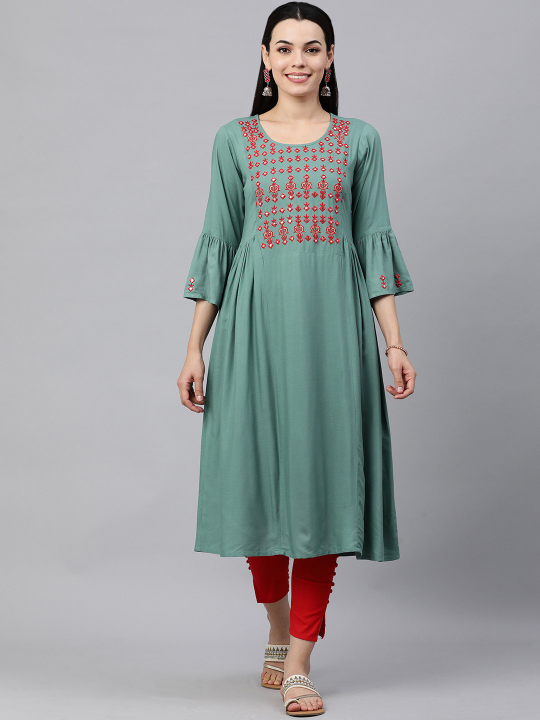 

KALINI Women Green Embroidered Flared Sleeves Mirror Work Kurta