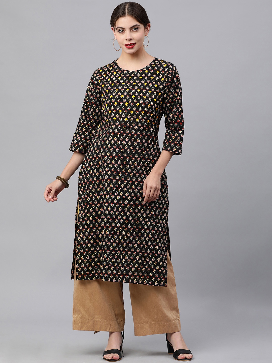 

KALINI Women Black & Beige Ethnic Printed Thread Work Pure Cotton Kurta