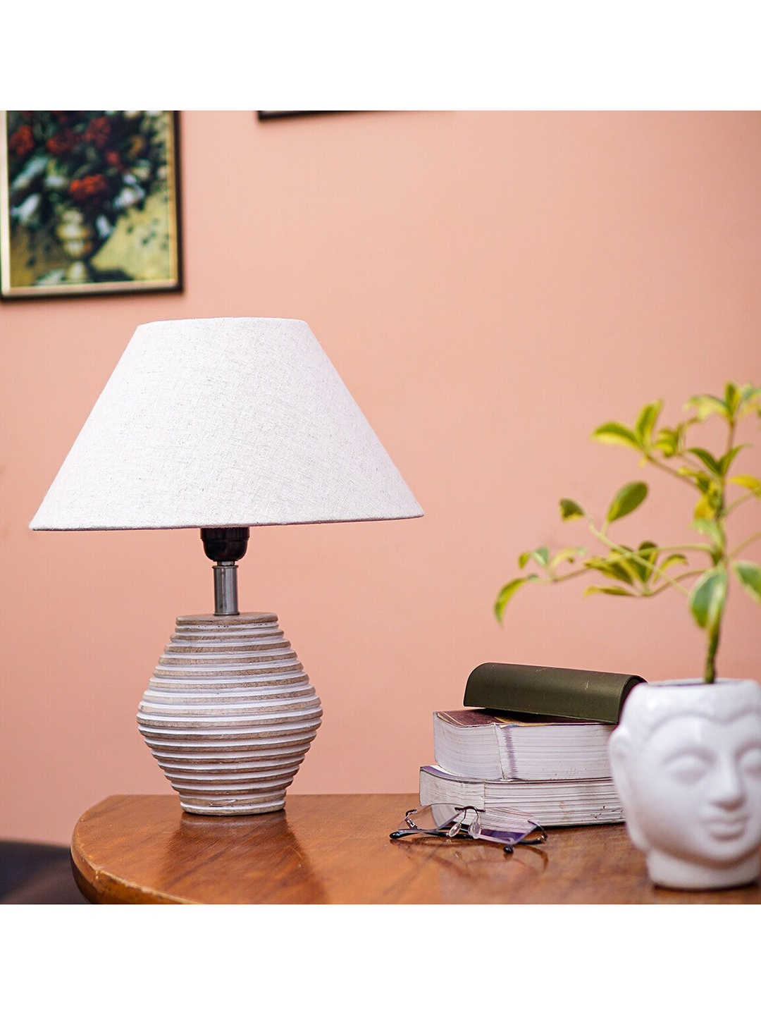

Pinecraft INTERNATIONAL White Atury Table Lamp with Beige Shade