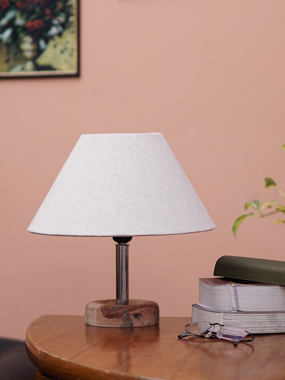 

Pinecraft INTERNATIONAL Beige Wooden Edra Table Lamp With Linen Frustum Shade