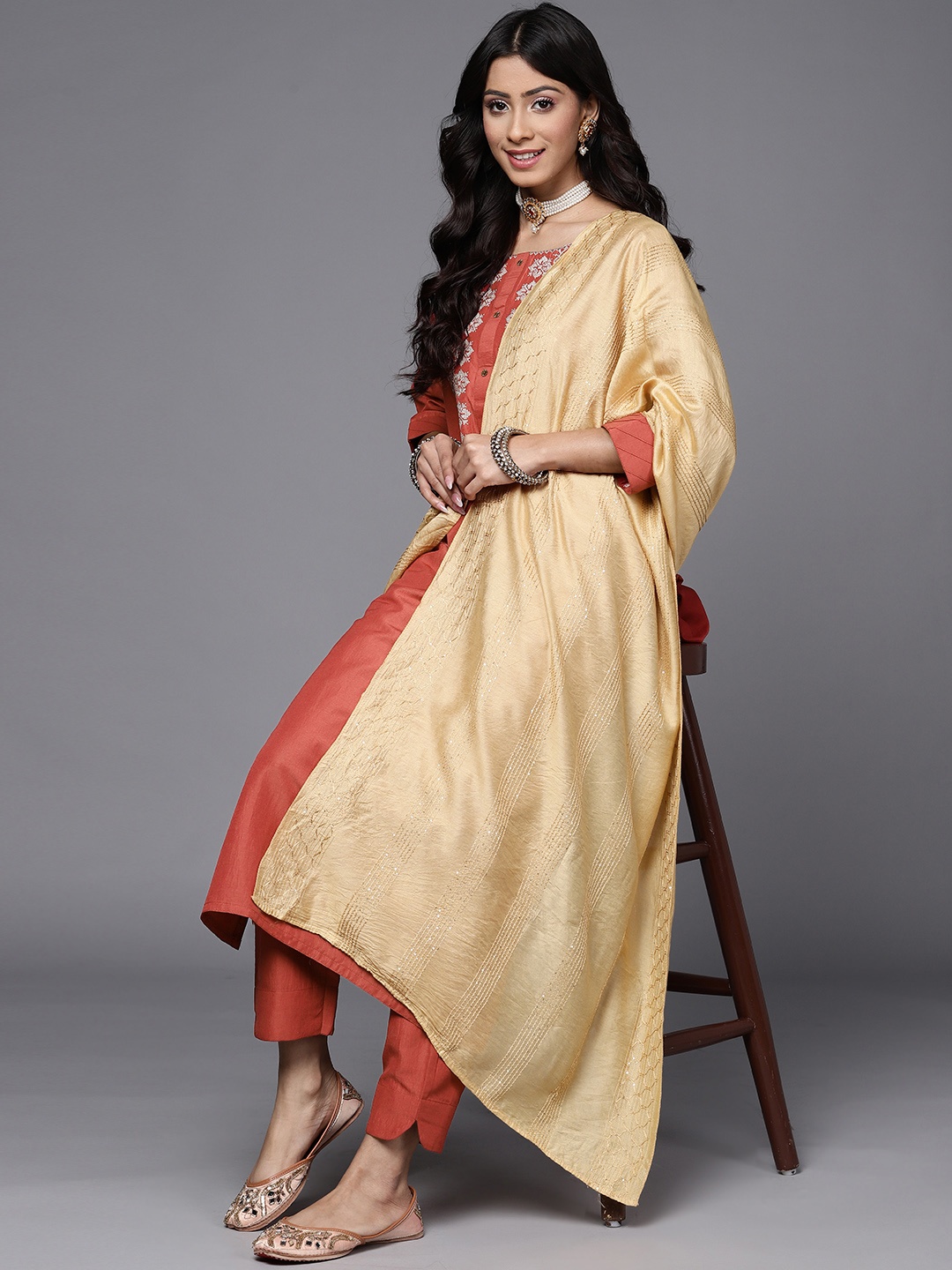 

Varanga Women Rust Floral Embroidered Kurta with Trousers & With Dupatta