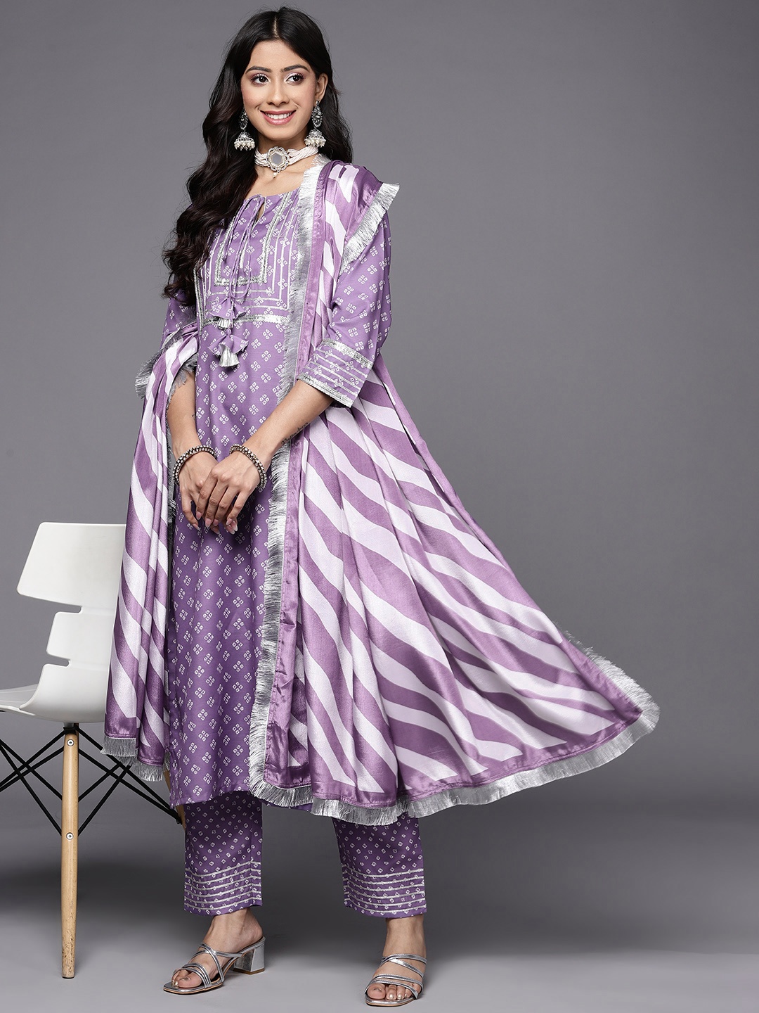 

Varanga Women Purple Bandhani Printed Kurta with Trousers & With Dupatta
