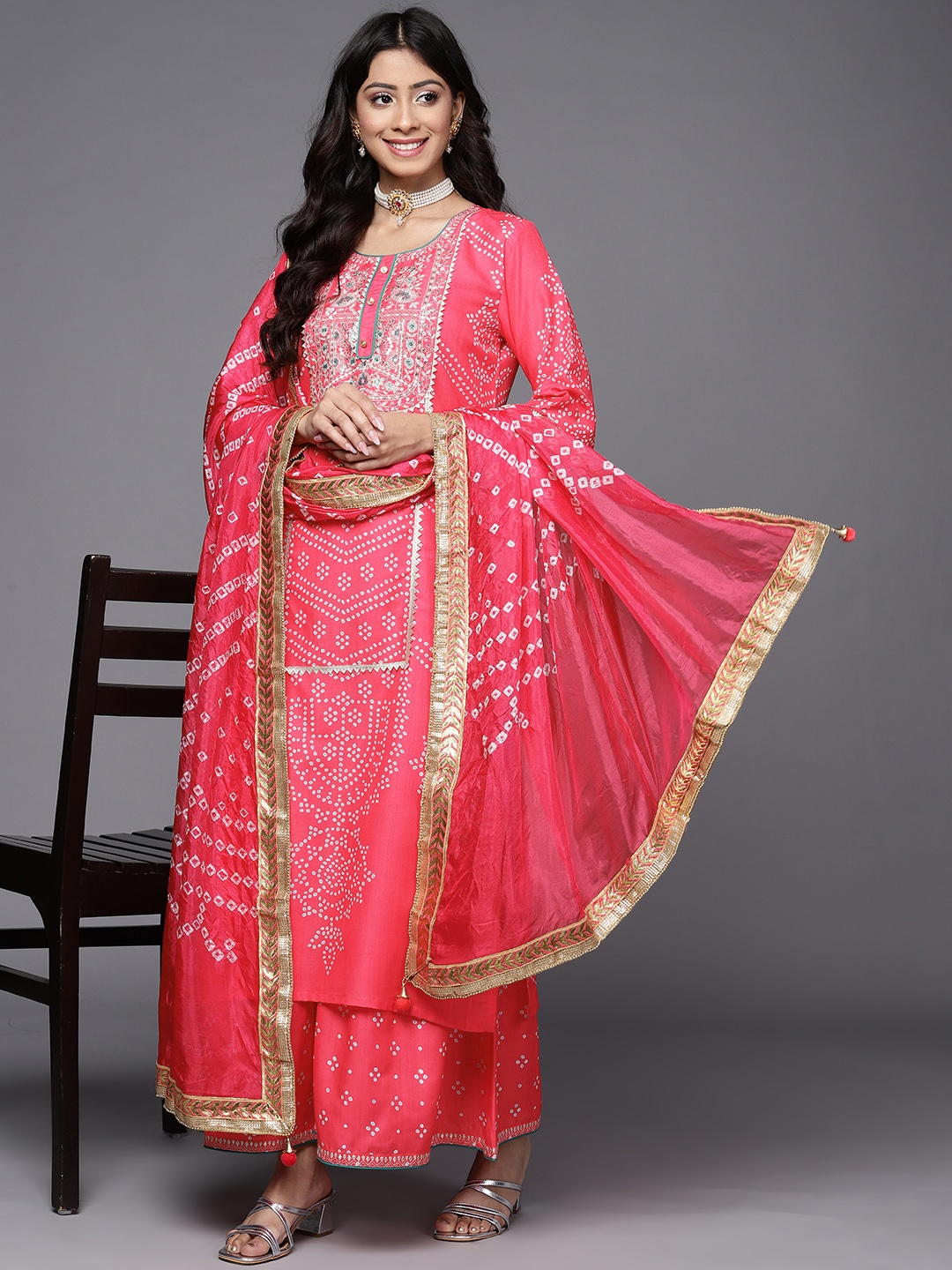 

Varanga Women Pink Bandhani Embroidered Kurta with Sharara & With Dupatta