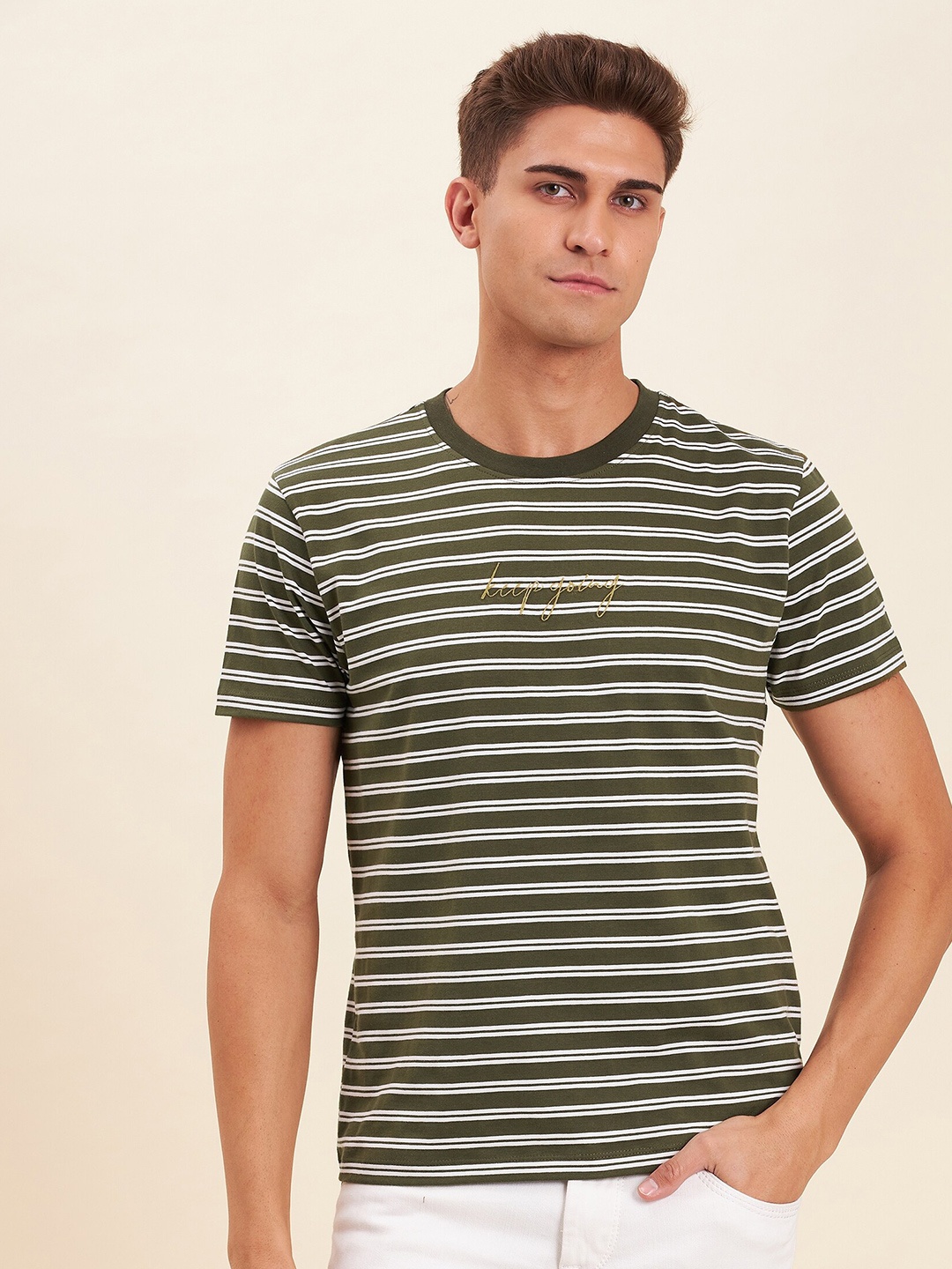 

MASCLN SASSAFRAS Men Olive Green Striped T-shirt
