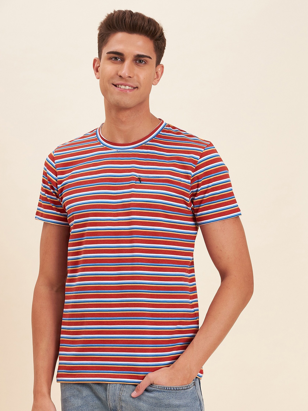 

MASCLN SASSAFRAS Men Rust & White Striped T-shirt