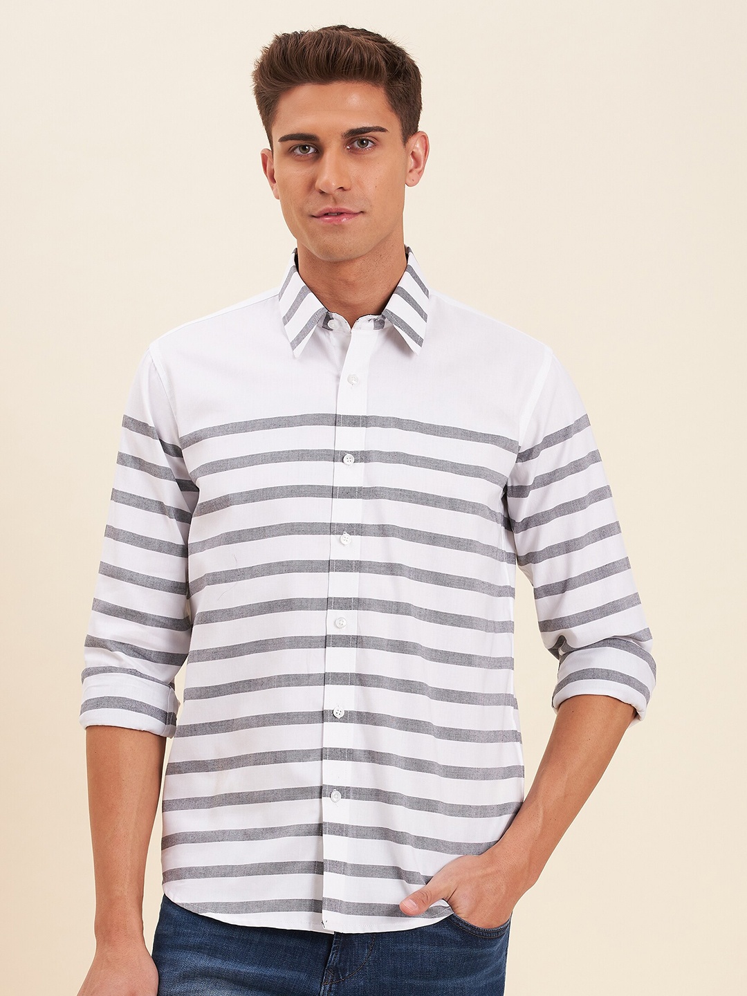 

MASCLN SASSAFRAS Men White Regular Fit Striped Cotton Linen Casual Shirt