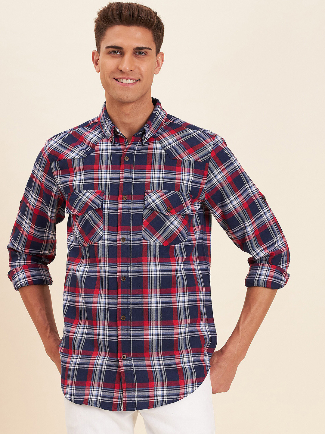 

MASCLN SASSAFRAS Men Navy Blue Tartan Checks Checked Casual Shirt