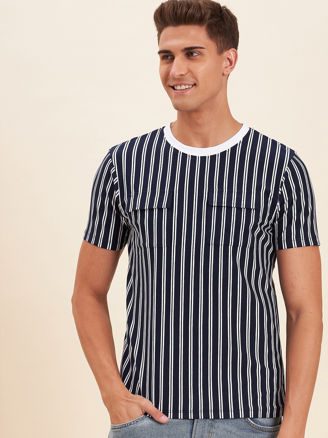 

MASCLN SASSAFRAS Men Navy Blue Striped T-shirt