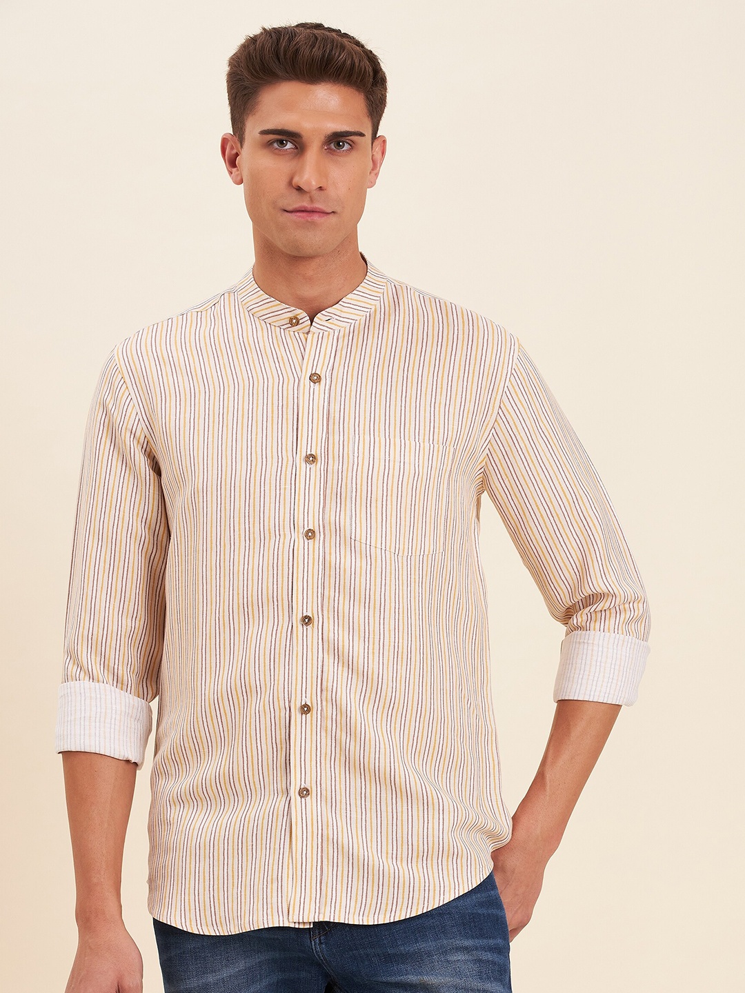 

MASCLN SASSAFRAS Men Yellow Striped Cotton Linen Casual Shirt