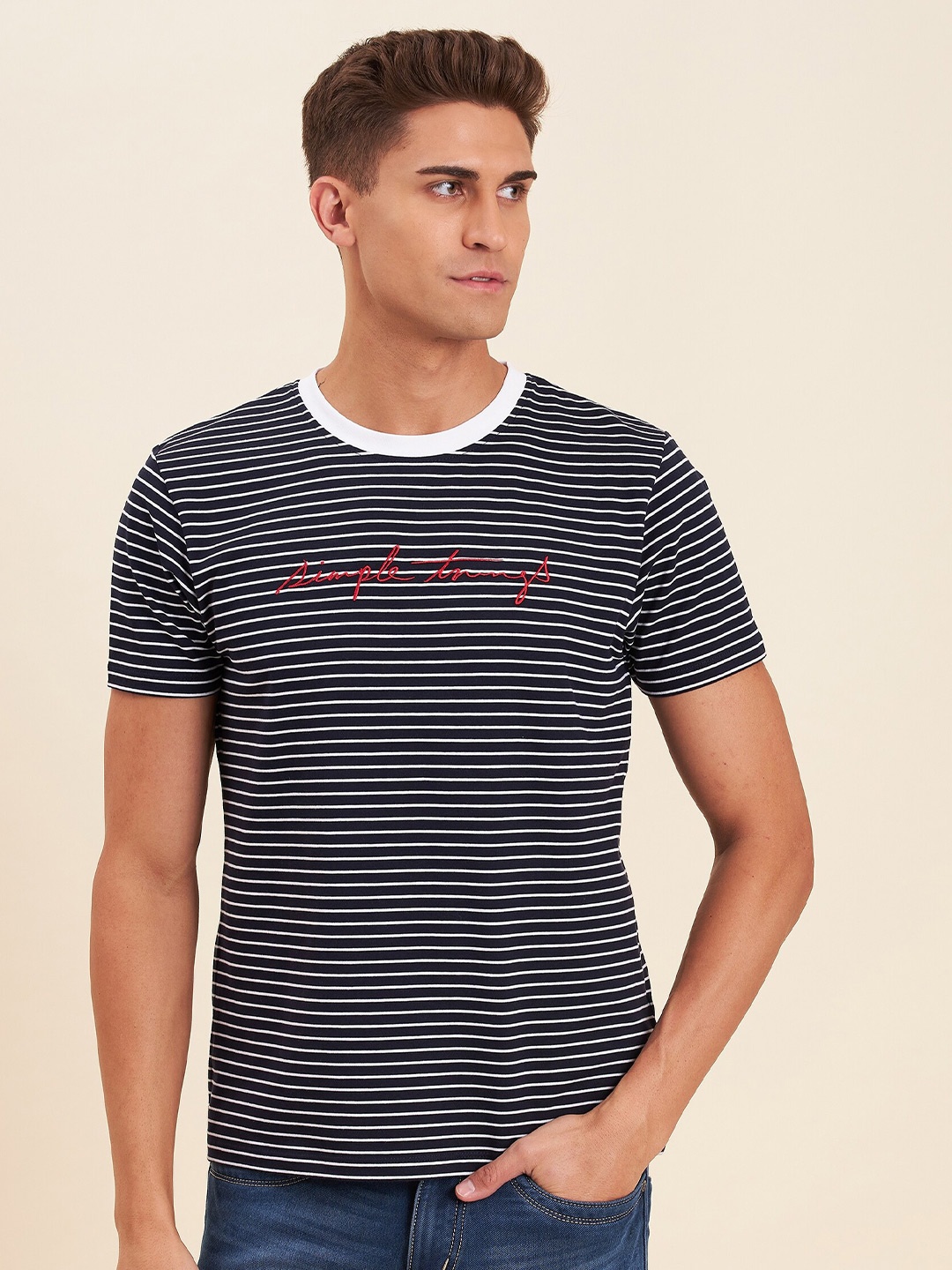 

MASCLN SASSAFRAS Men Navy Blue & White Striped T-shirt