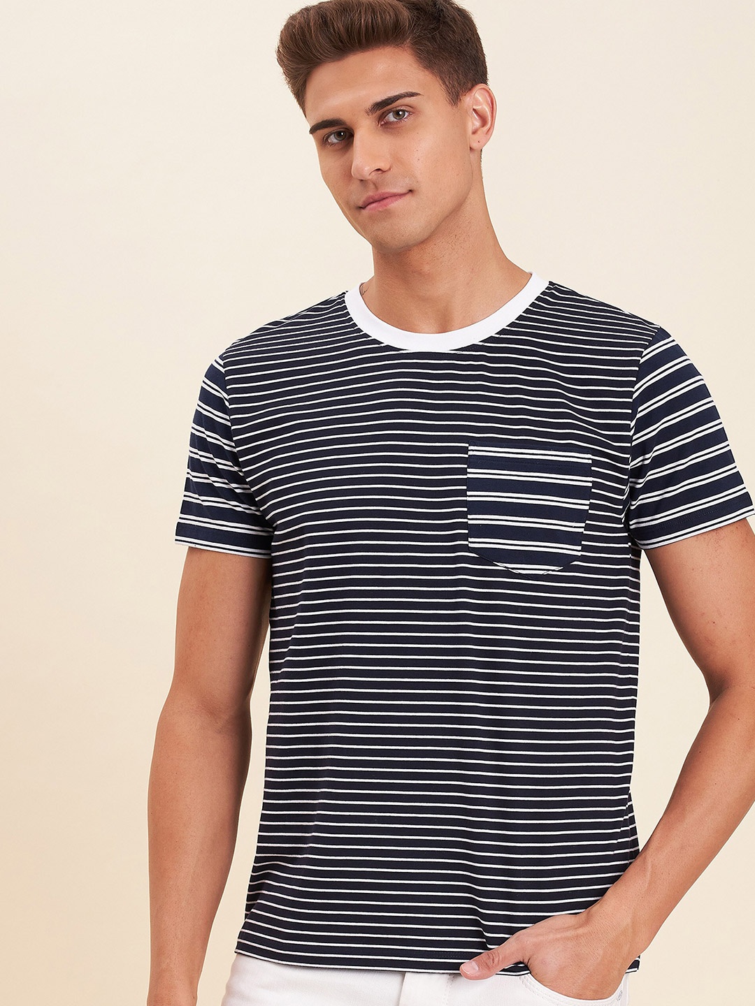 

MASCLN SASSAFRAS Men Navy Blue & White Striped T-shirt
