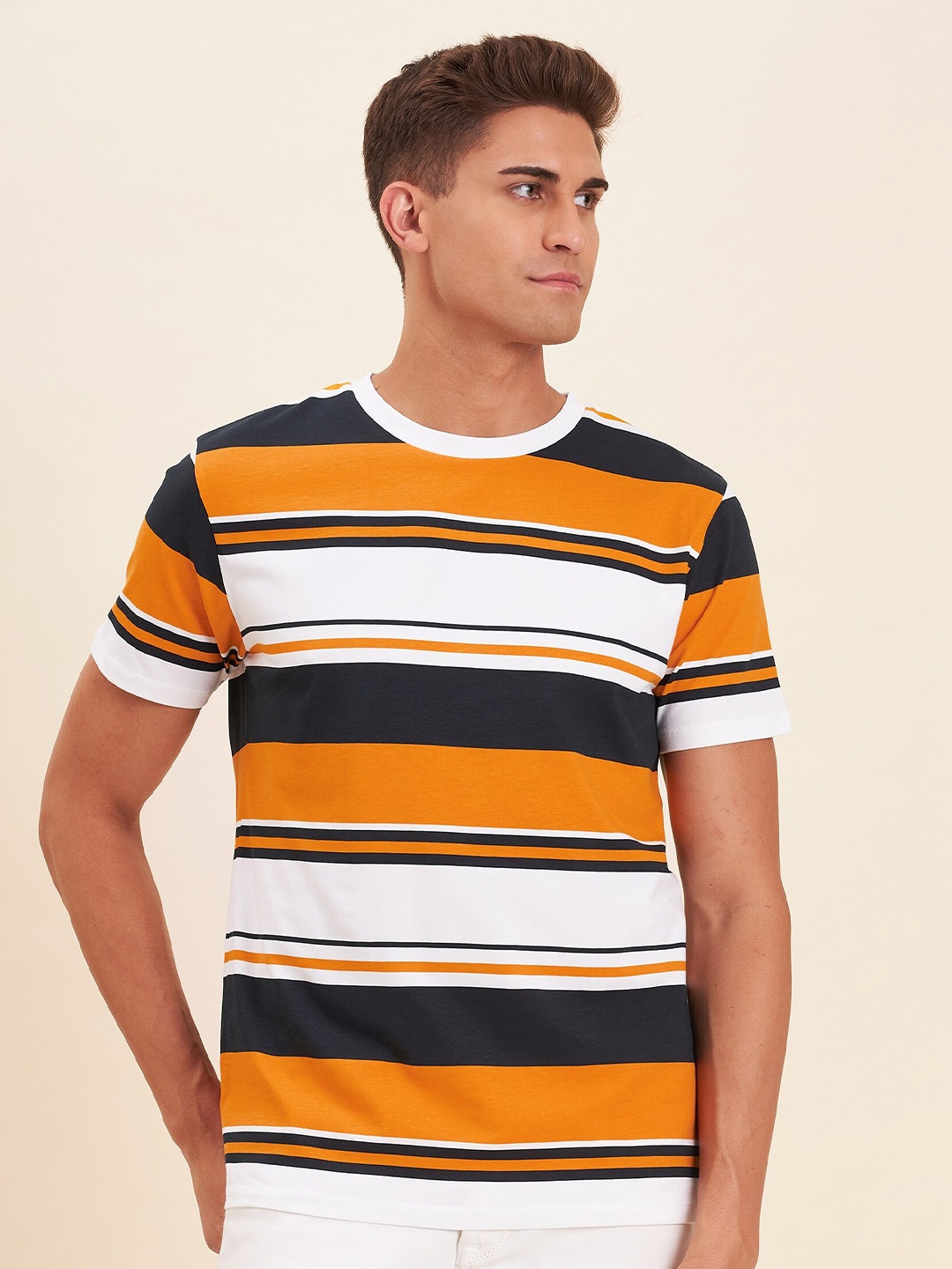 

MASCLN SASSAFRAS Men Mustard Yellow Striped T-shirt