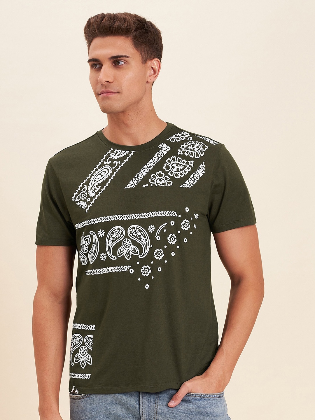 

MASCLN SASSAFRAS Men Olive Green Printed T-shirt