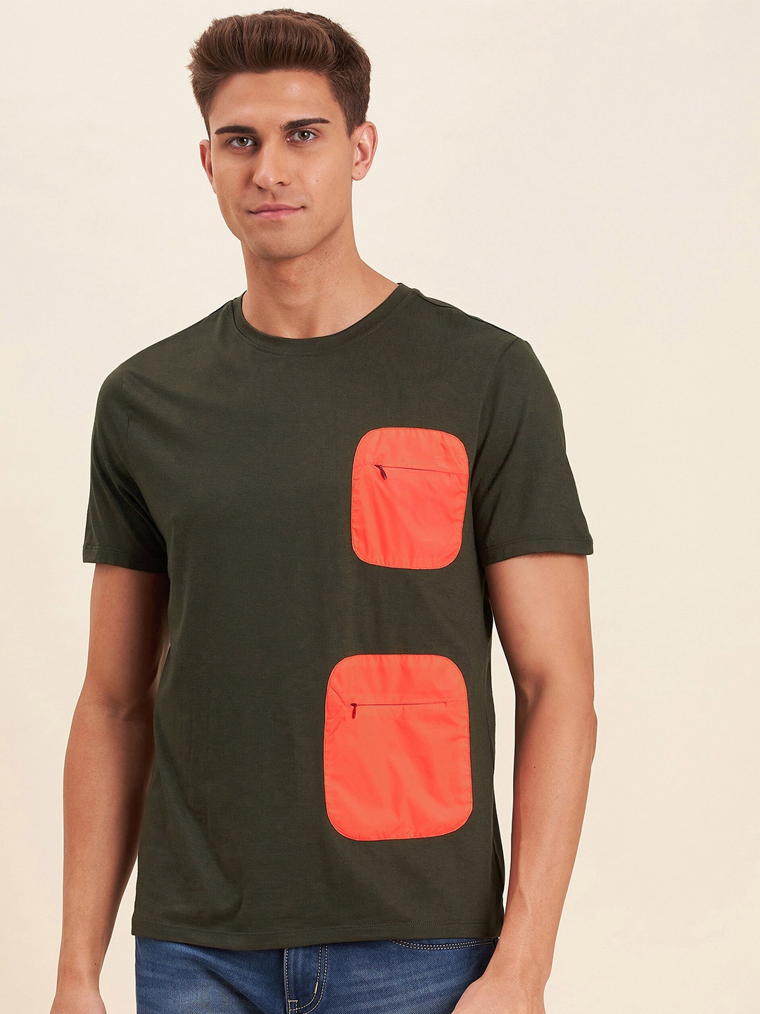 

MASCLN SASSAFRAS Men Olive Green Zipper Pocket T-shirt