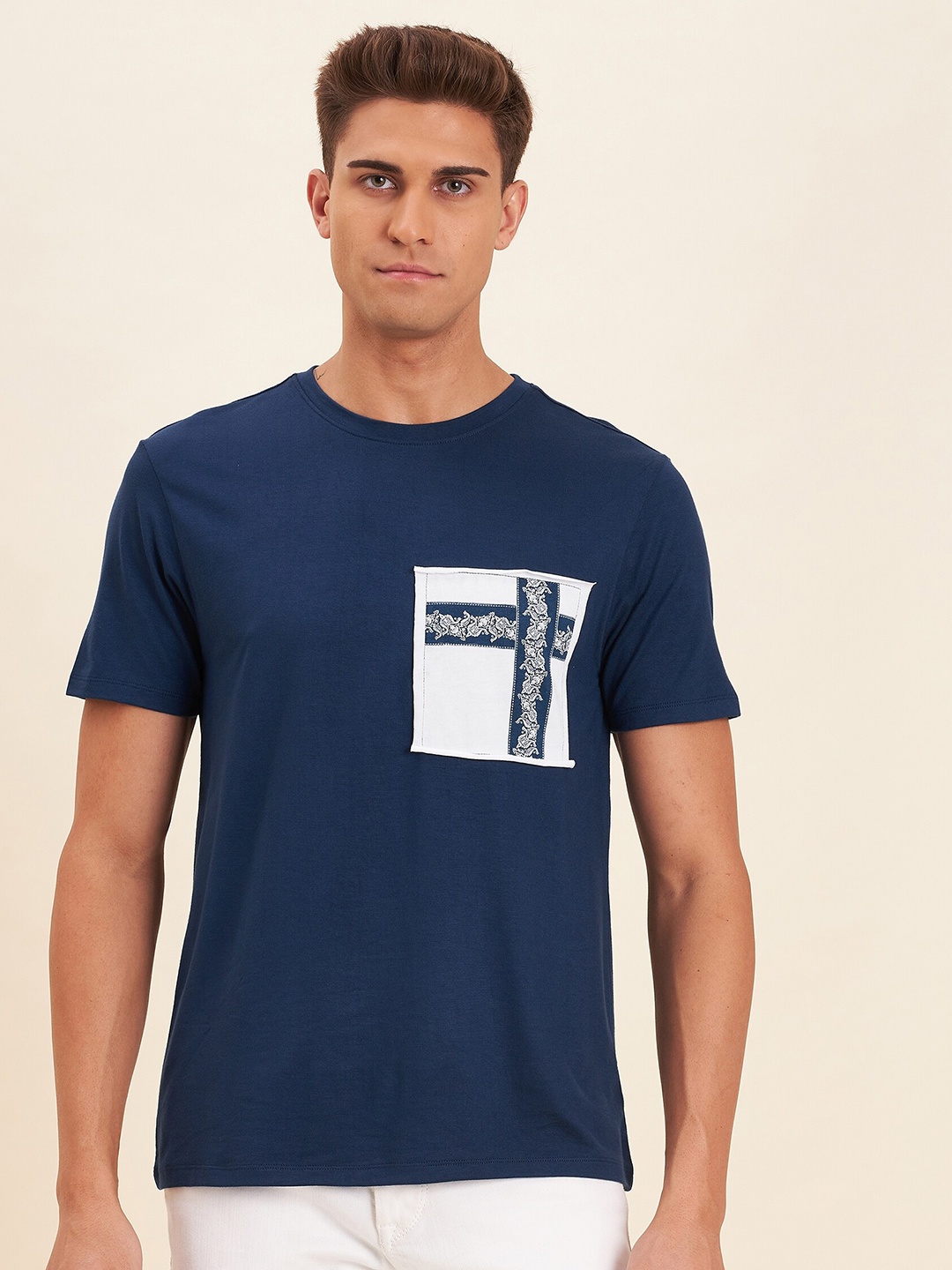 

MASCLN SASSAFRAS Men Teal & White T-shirt