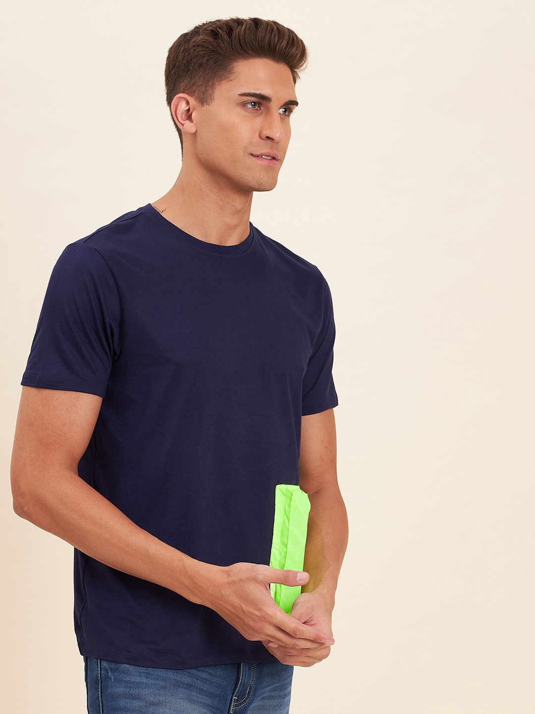 

MASCLN SASSAFRAS Men Navy Blue Zipper Box Pocket T-Shirt