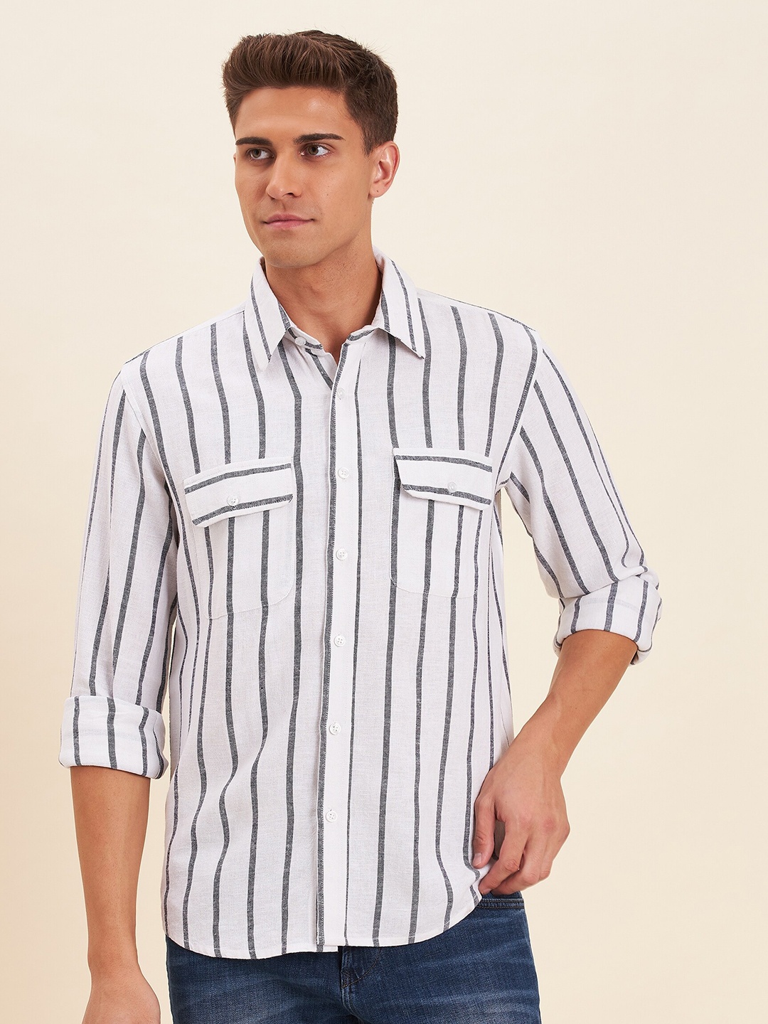 

MASCLN SASSAFRAS Men White Striped Casual Shirt