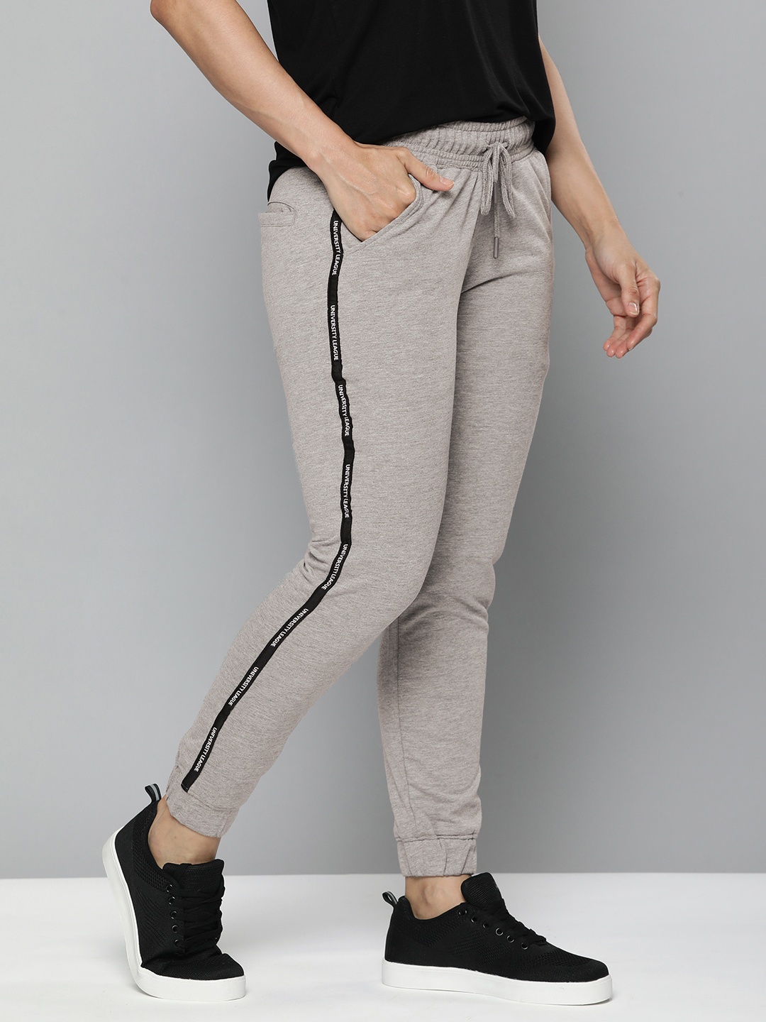 

Harvard Women Grey Melange Solid Mid-Rise Joggers With Side Stripes
