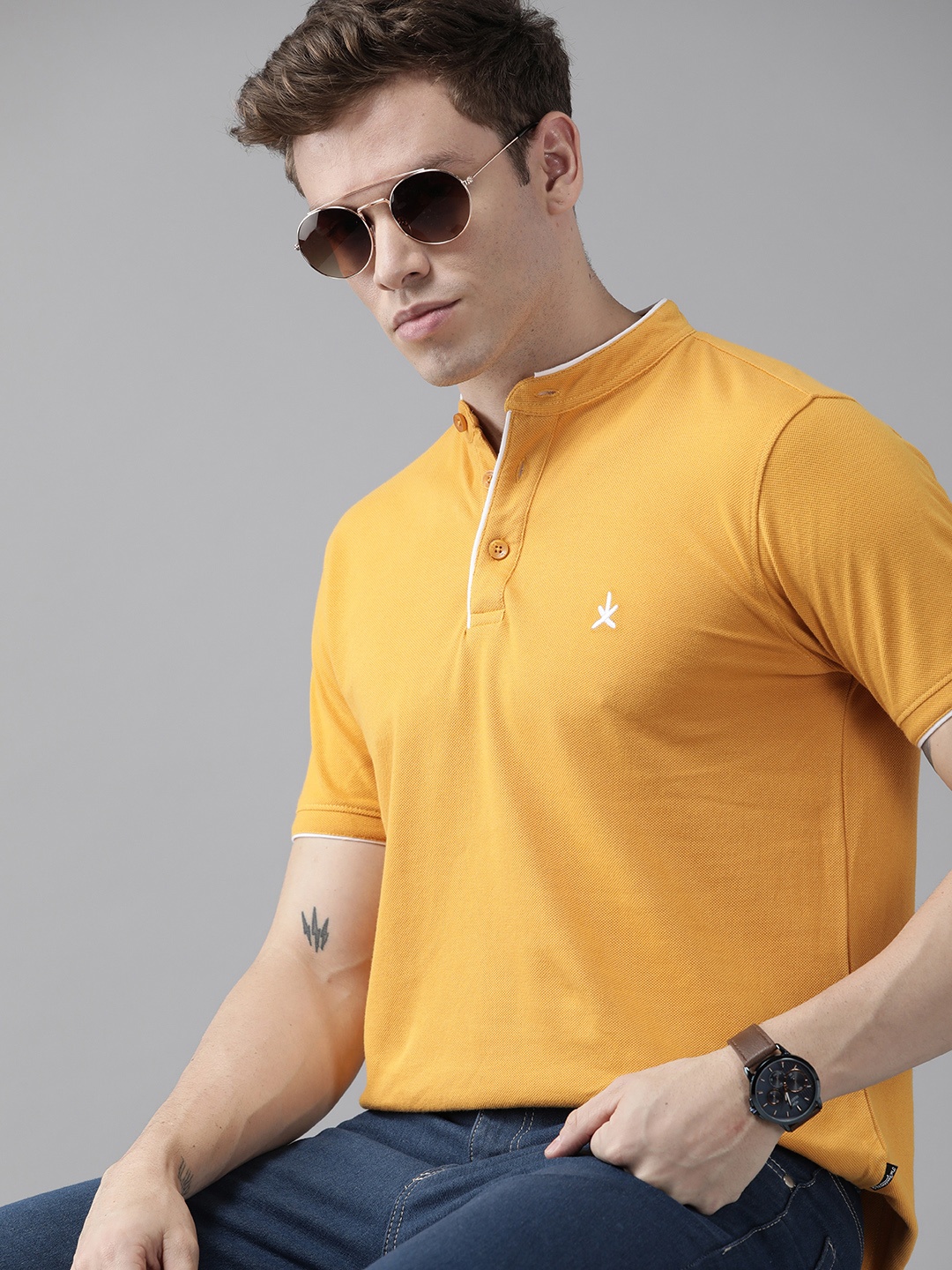 

Roadster Men Mustard Yellow Mandarin Collar T-shirt