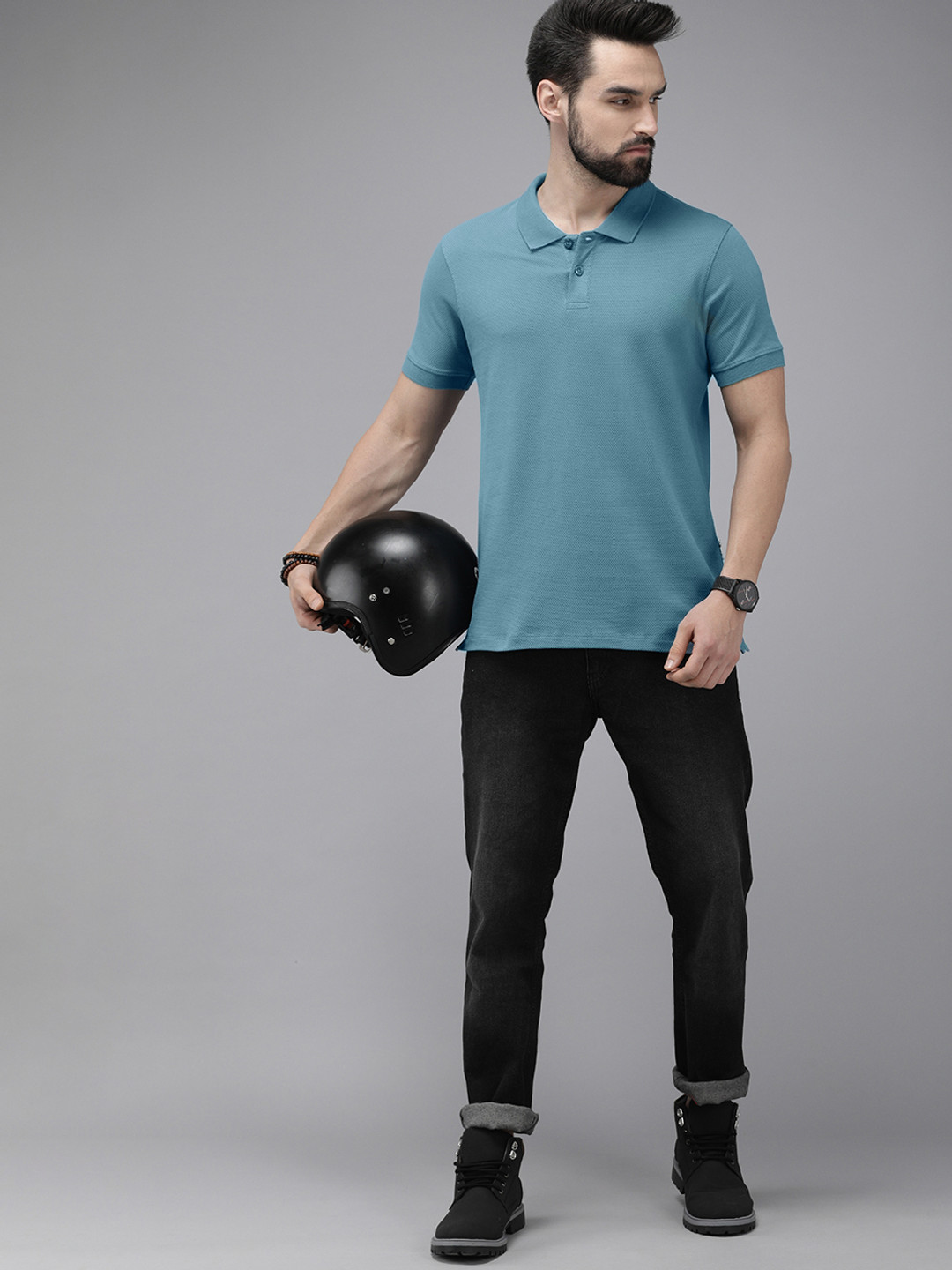 

The Roadster Lifestyle Co. Men Teal Blue Self Design Polo Collar Pure Cotton T-shirt