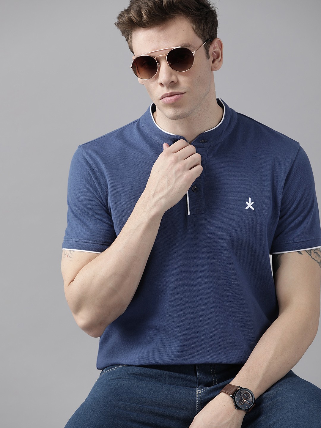 

Roadster Men Blue Mandarin Collar Pure Cotton T-shirt