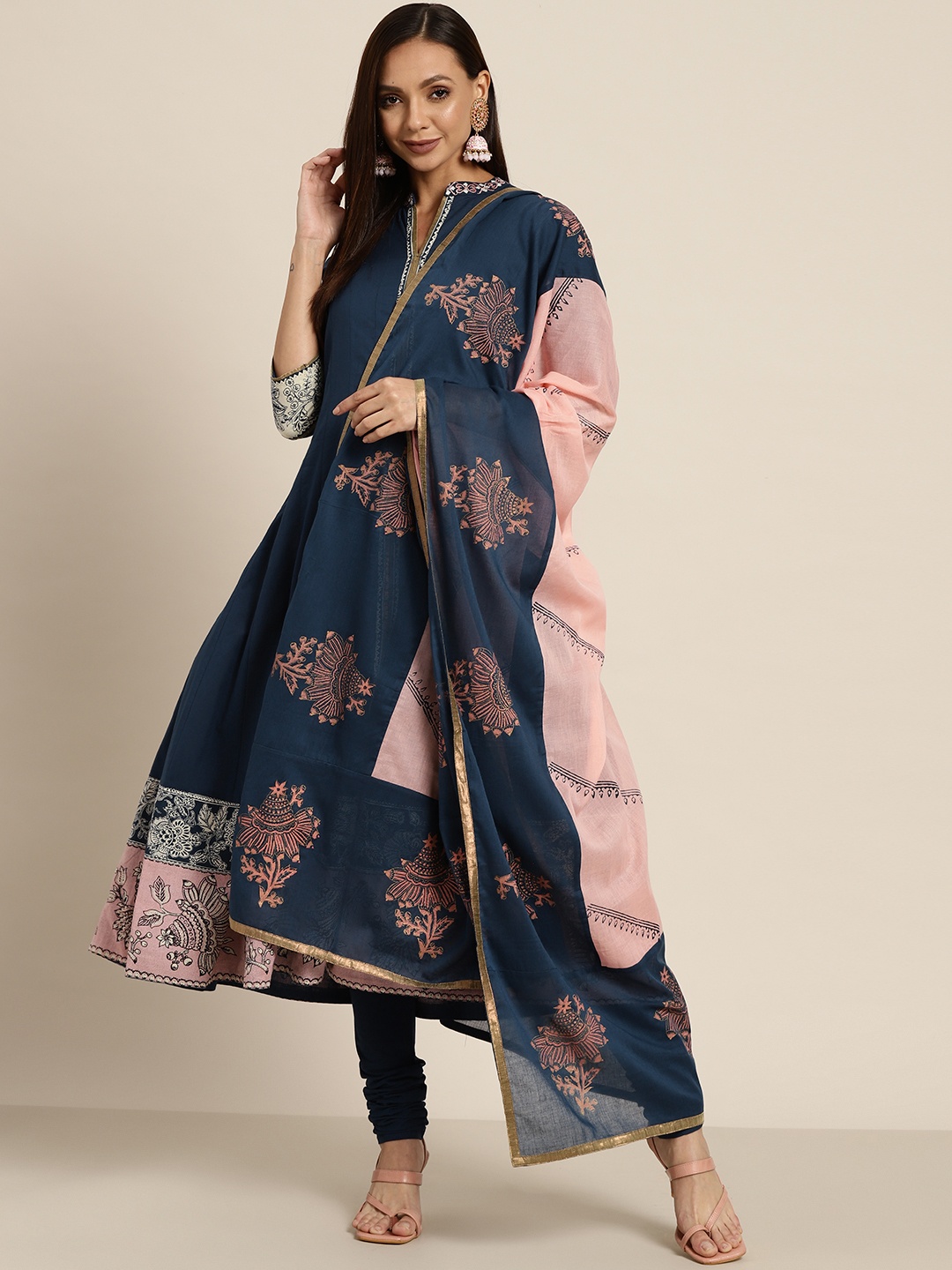 

Rain & Rainbow Women Navy Blue Pure Cotton Printed Kurta with Churidar & Dupatta