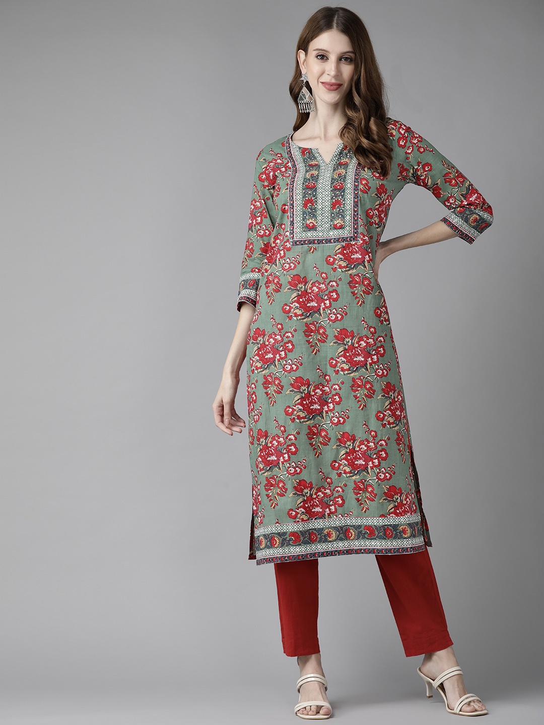 

Rain & Rainbow Women Green & Red Ethnic Motifs Printed Kurta