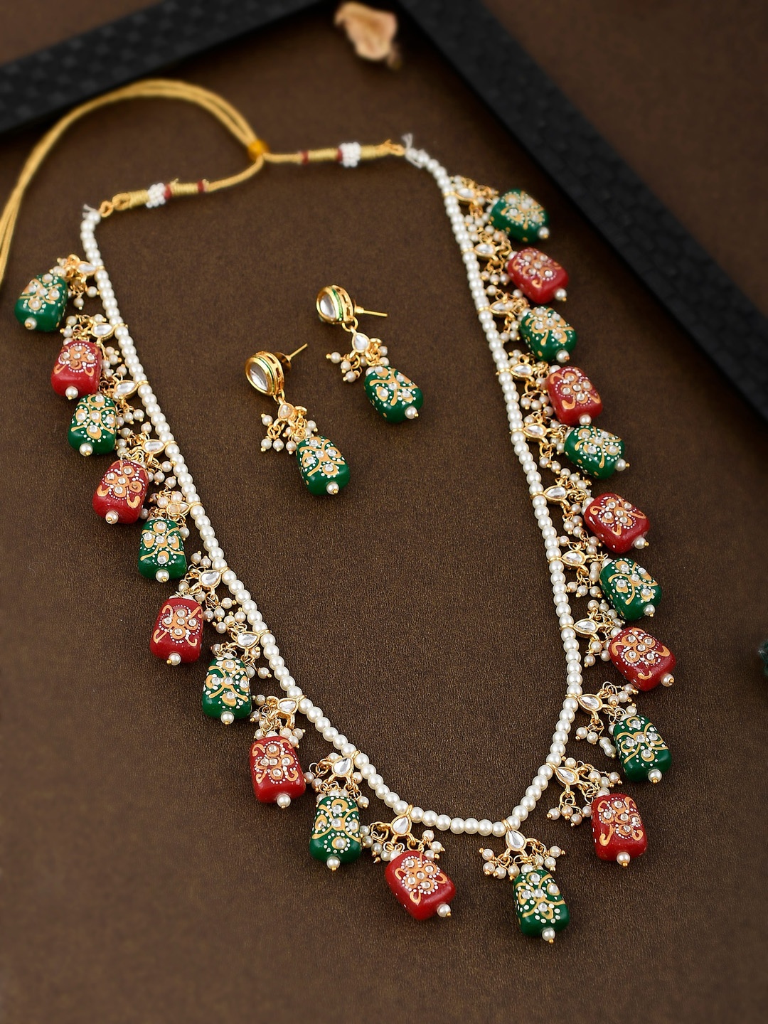 

Shoshaa Gold- Plated Red & Green Beaded Jewellery Set