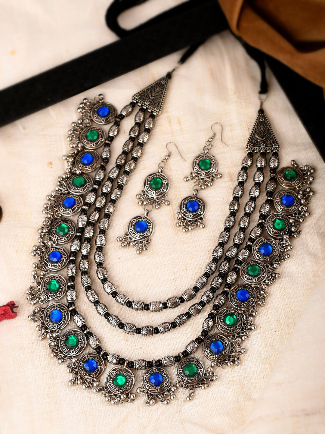 

Shoshaa Silver-Plated Blue & Green Stone Studded Layered Jewellery Set