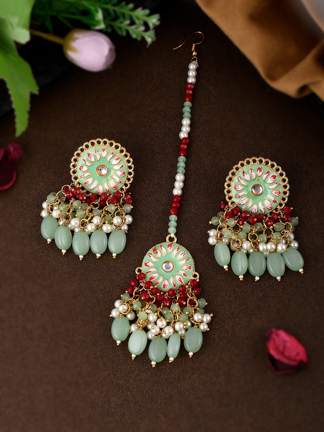 

Shoshaa Gold-Plated Green Stones & Beaded meenakari Maangtikka & Earrings