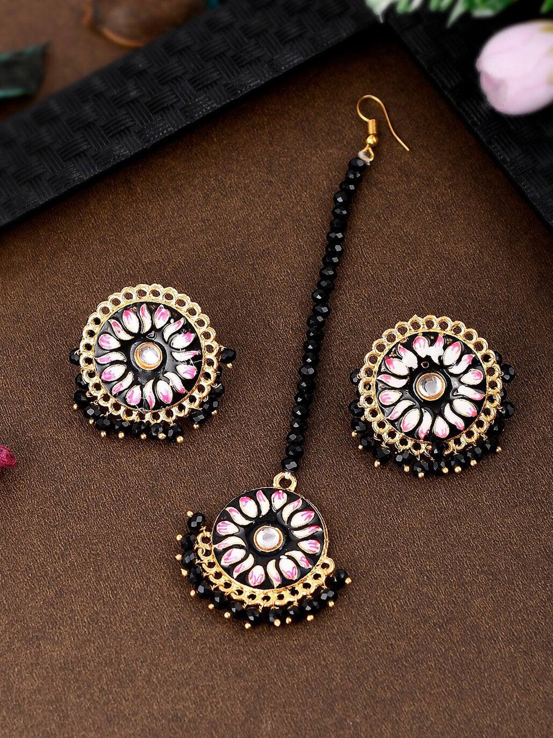 

Shoshaa Gold-Plated Black Stones & Beaded Meenakari Maangtikka & Earrings