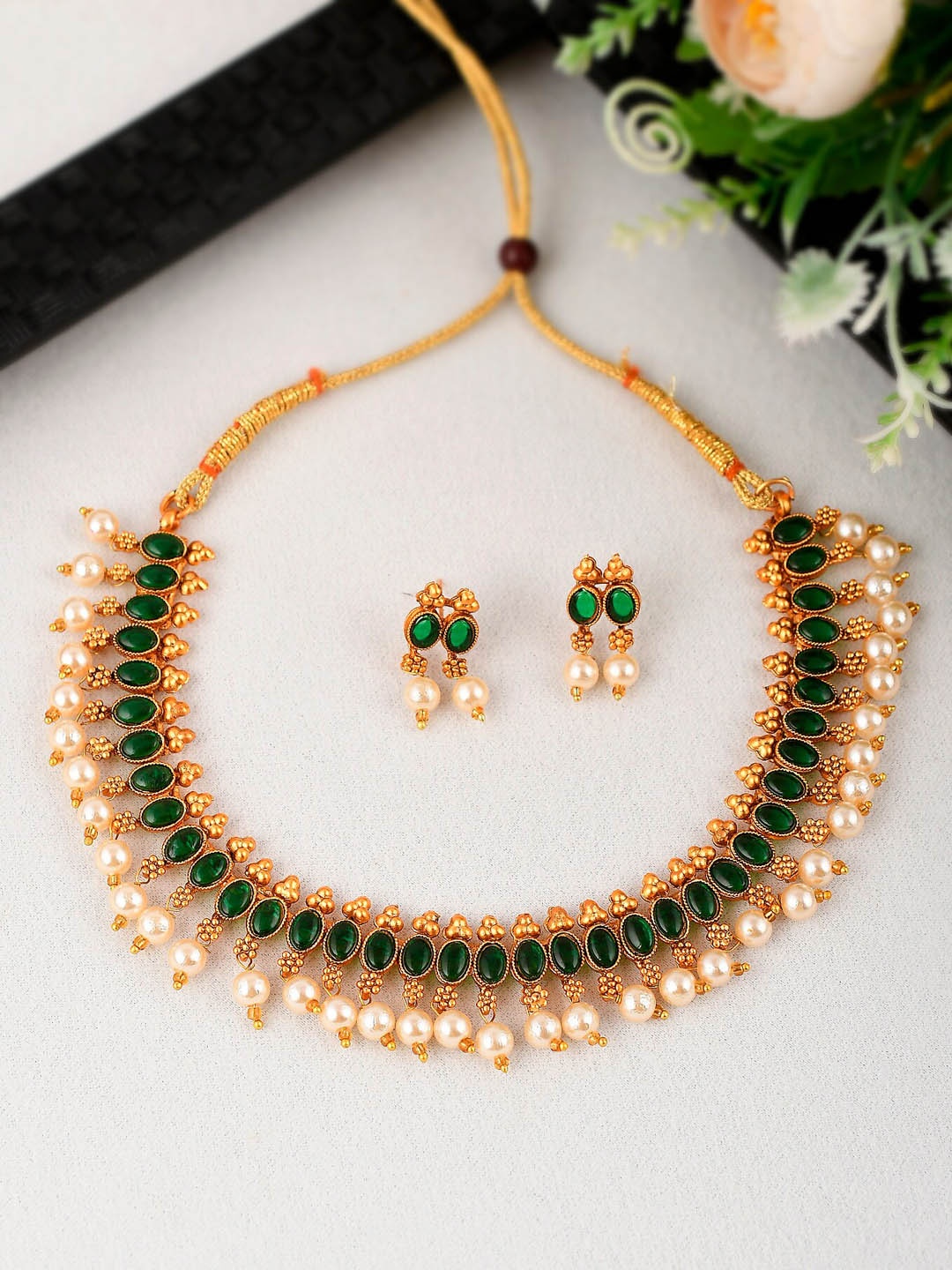 

Shoshaa Gold-Plated Green Stones-Studded Jewellery Set