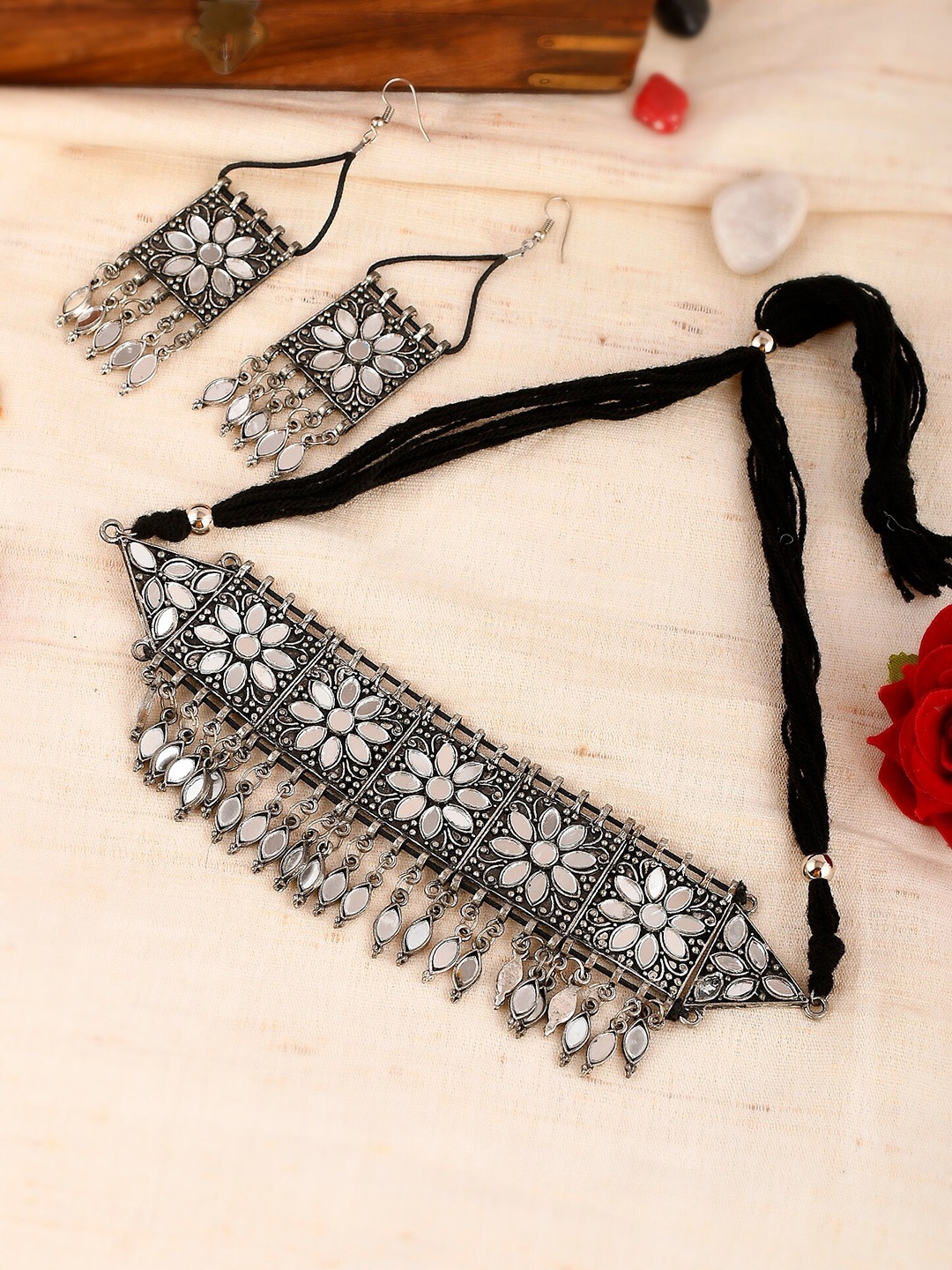 

Shoshaa Silver-Plated Oxidised Choker Necklace & Earrings