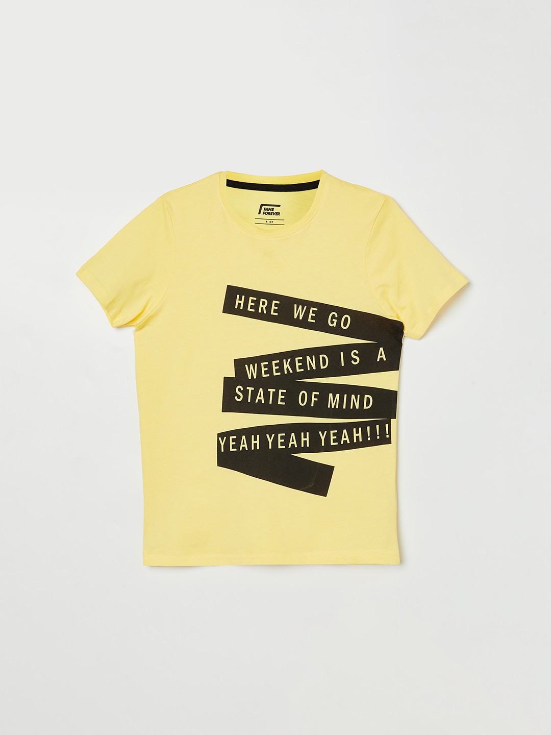 

Fame Forever by Lifestyle Boys Yellow Printed Pure Cotton Applique T-shirt