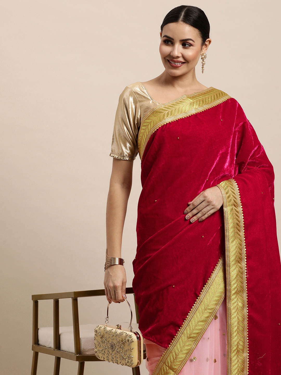 

DIVASTRI Pink & Red Embellished Sequinned Velvet Half and Half Saree