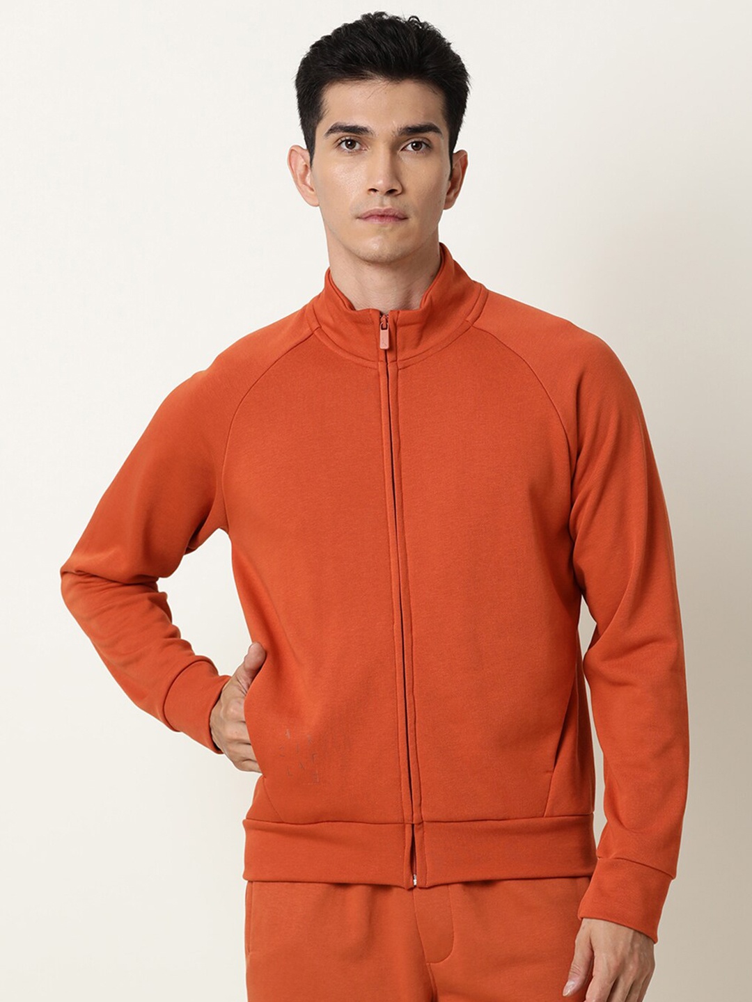 

ARTICALE Men Orange Solid Mock Collar Cotton Sweatshirt
