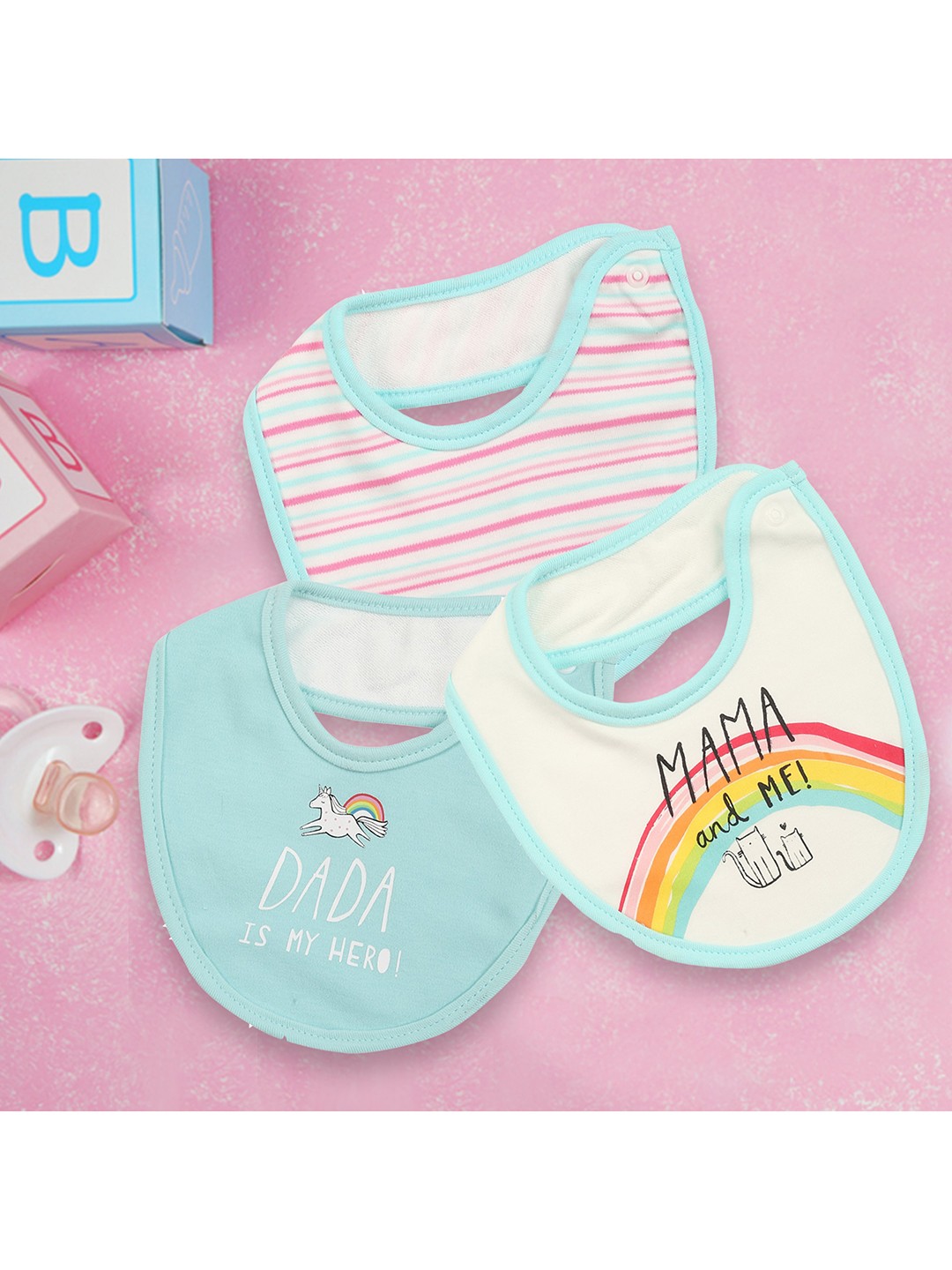 

Baby Moo Infant Girls Pack Of 3 Blue & White Unicorns & Rainbows Printed Bibs