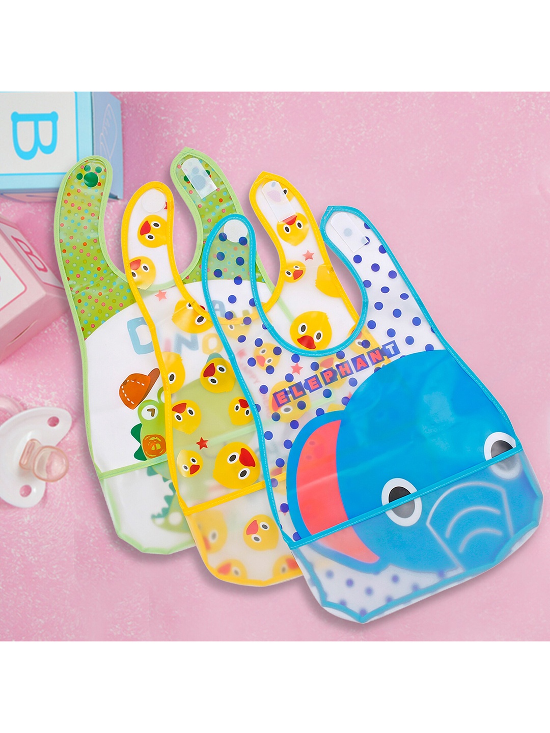 

Baby Moo Infant Pack Of 3 Green & Blue Elephant, Dino & Duck Printed Bibs