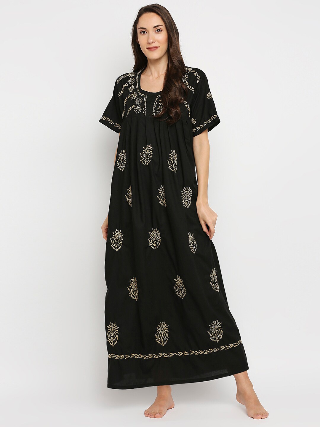 

Indiankala4u Black Embroidered Embroidered Chikankari Night Gown
