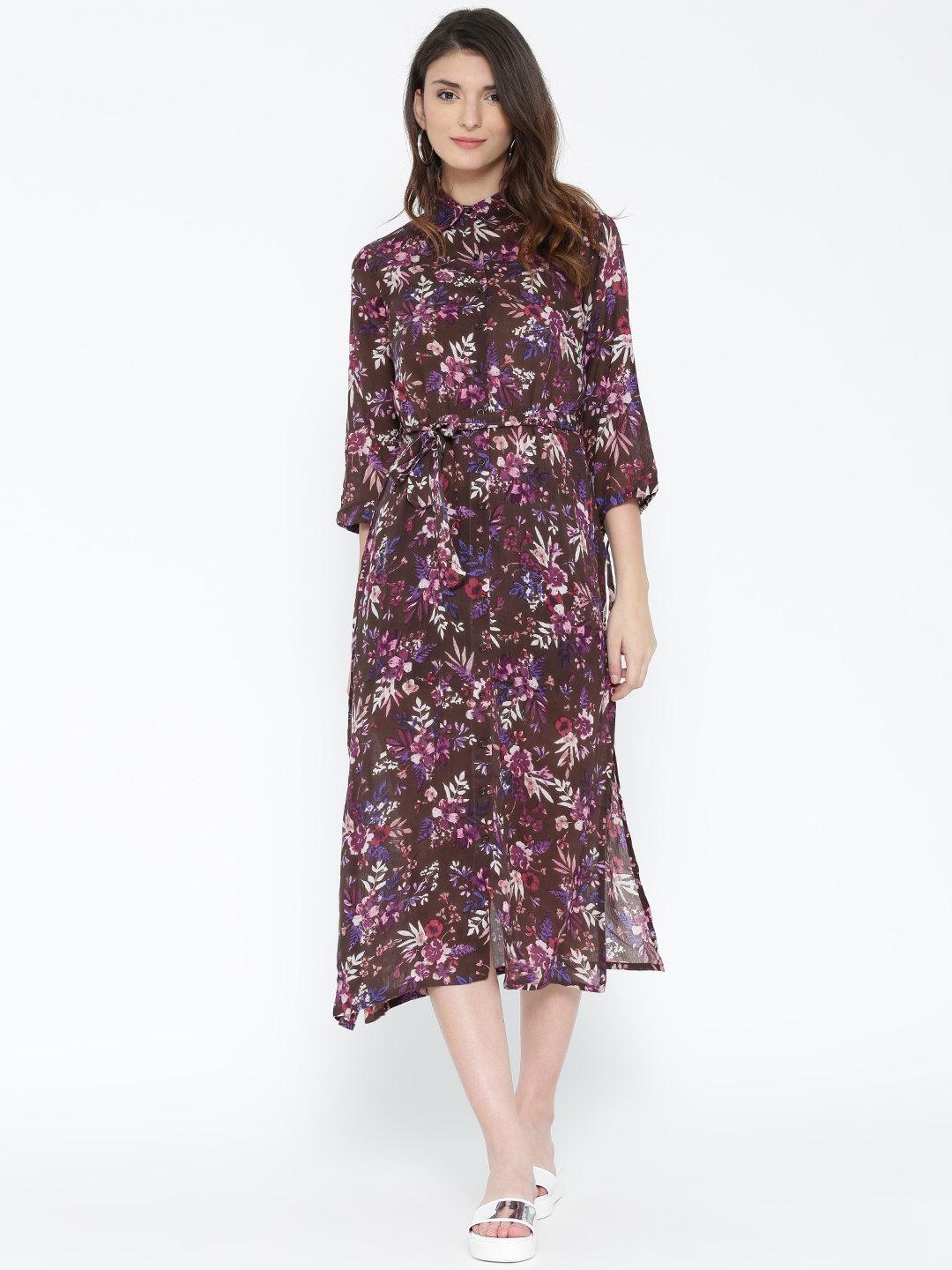 

Noi Women Brown Printed Midi Shirt Dress
