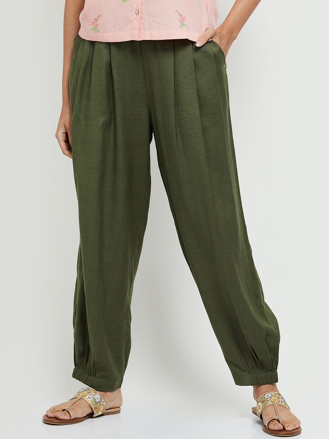 

max Women Olive Green Pleated Trousers