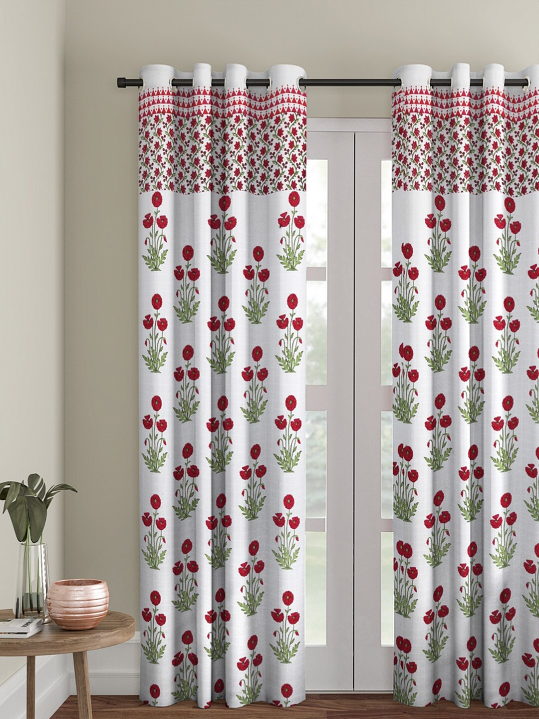 

Rajasthan Decor White & Pink Screen Print Floral Cotton Room Darkening Door Curtain