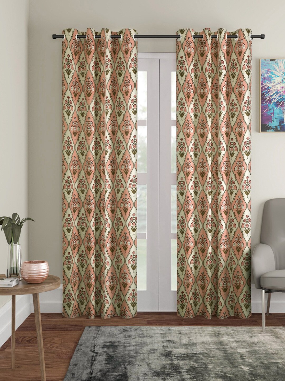 

Rajasthan Decor Peach-Coloured & White Set of 2 Floral Room Darkening Long Door Curtain