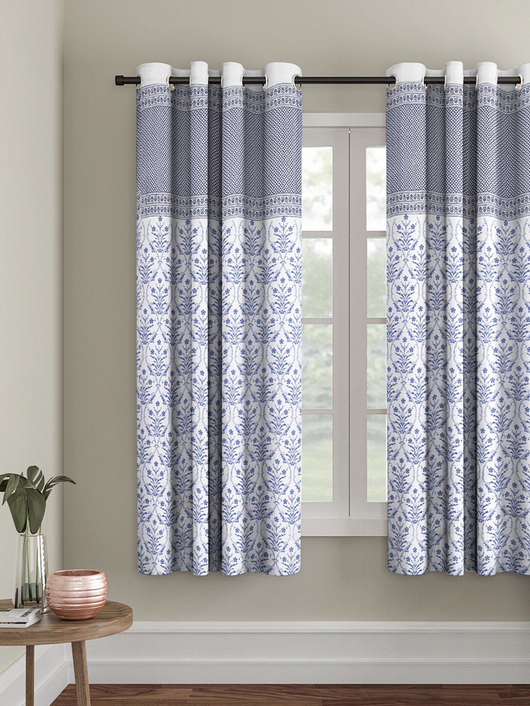 

Rajasthan Decor White & Blue Floral Room Darkening Window Curtain