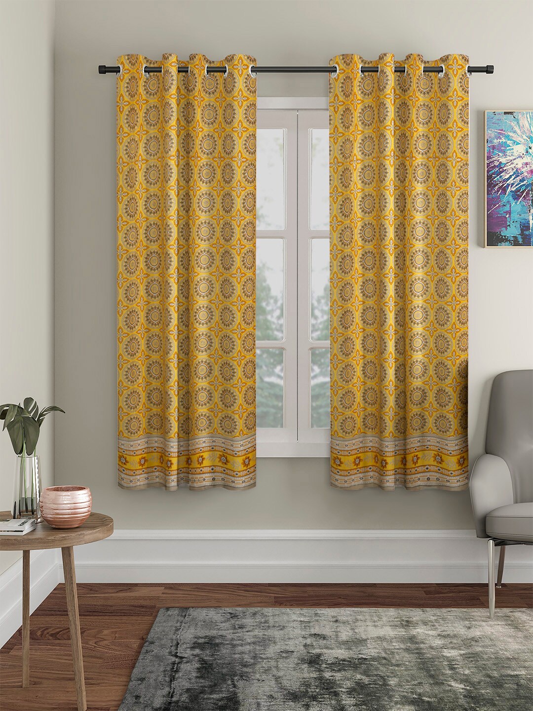 

Rajasthan Decor Set of 2 Yellow & Brown Floral Room Darkening Window Curtain