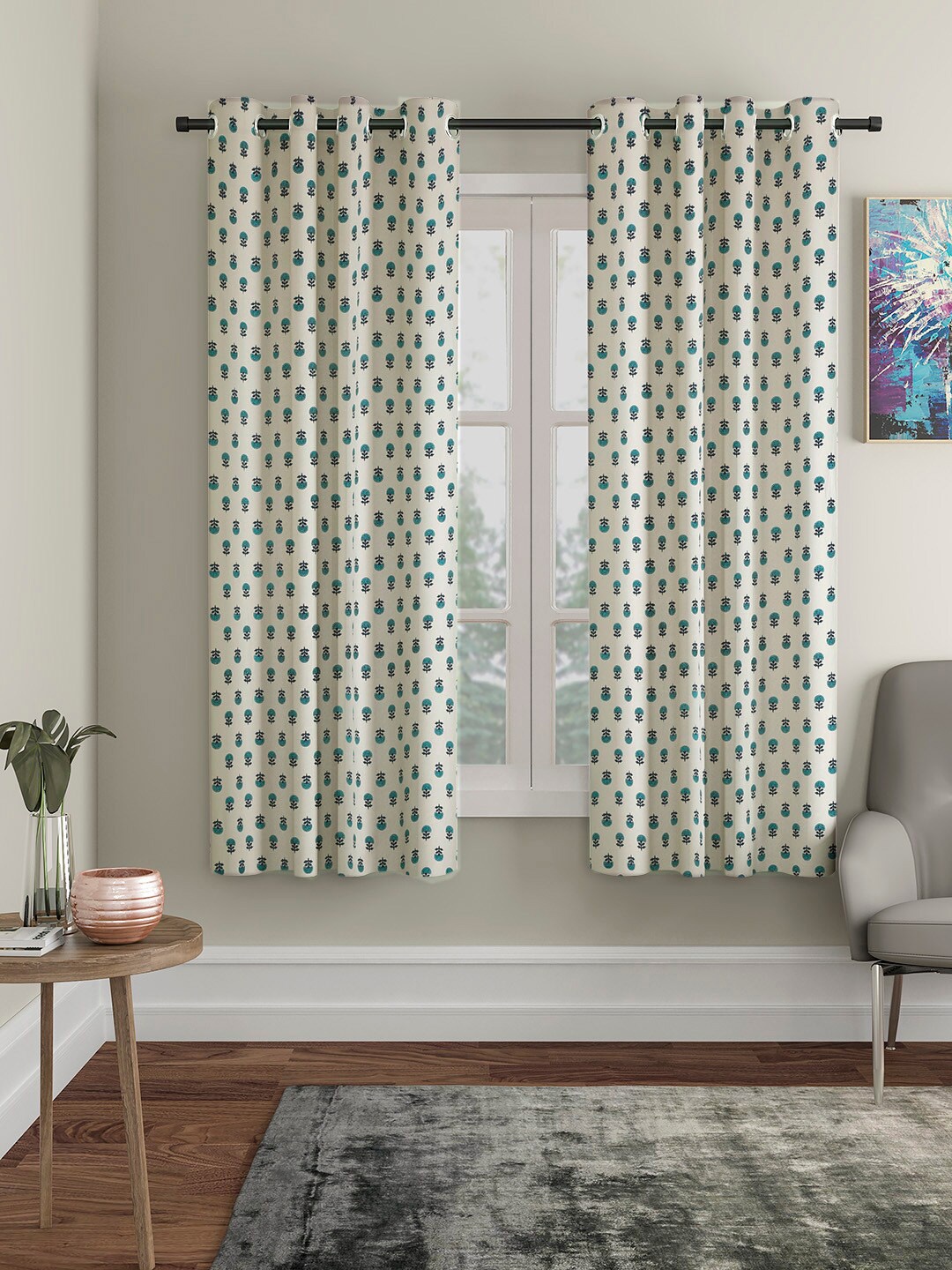 

Rajasthan Decor White & Turquoise Blue Set of 2 Floral Room Darkening Window Curtain