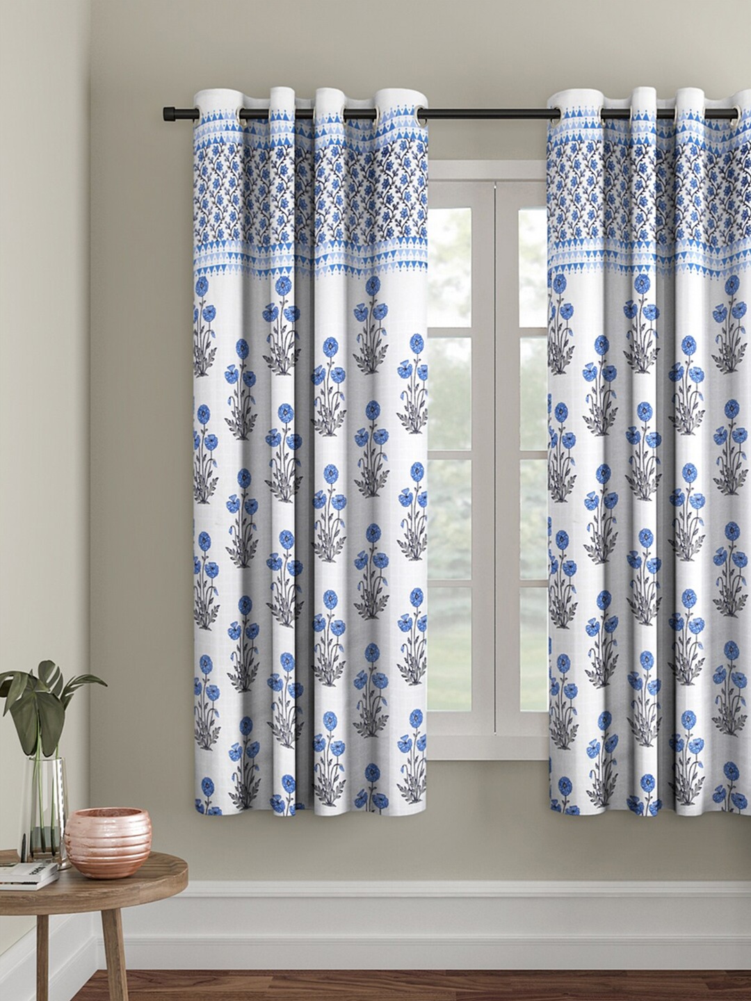 

Rajasthan Decor White & Blue Floral Room Darkening Window Curtain