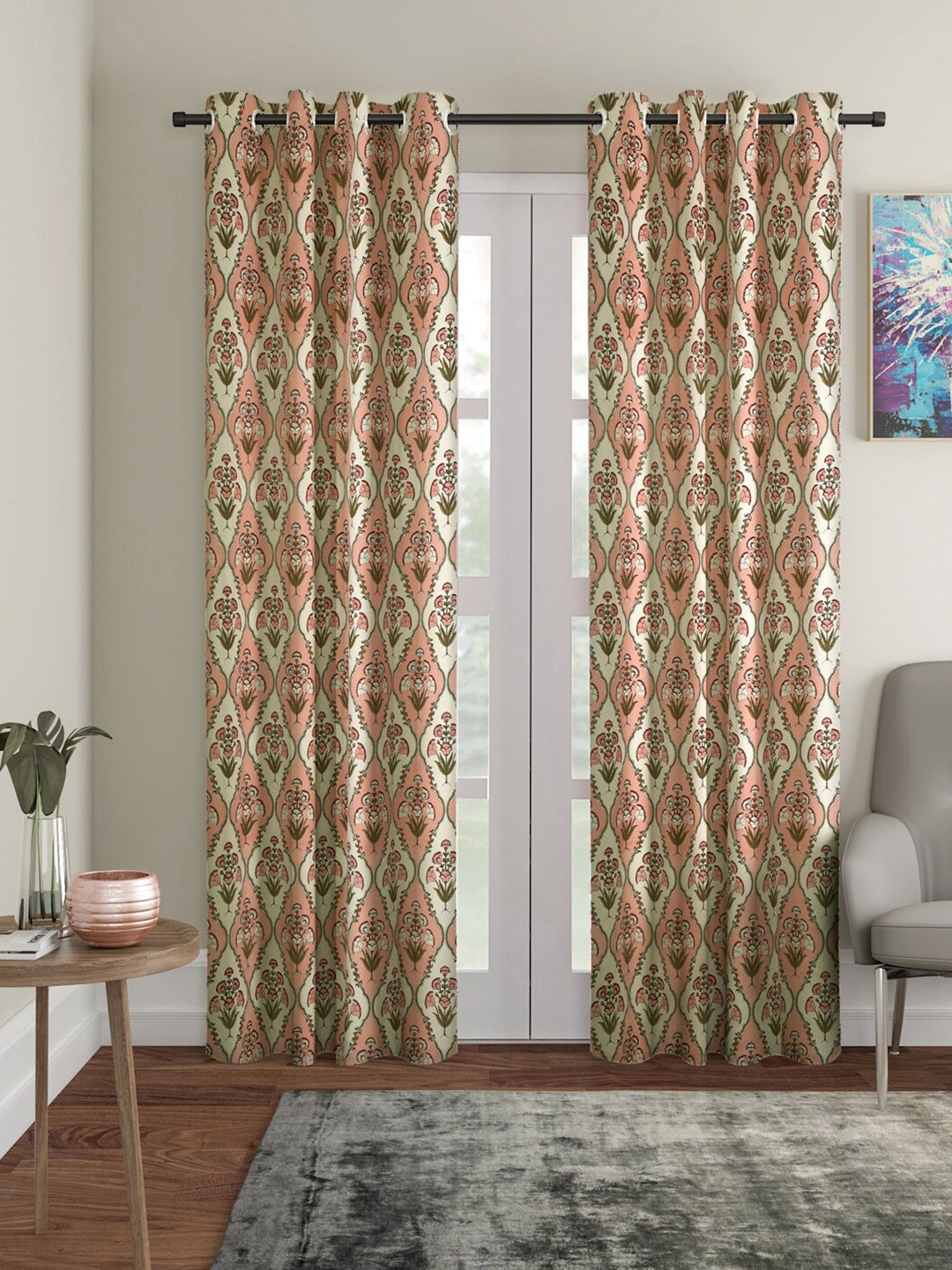 

Rajasthan Decor Set of 2 Peach-Coloured & White Floral Room Darkening Door Curtain
